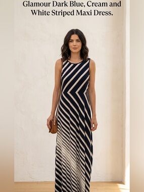 Glamour Dark Blue, Cream and White Striped Maxi Dress.